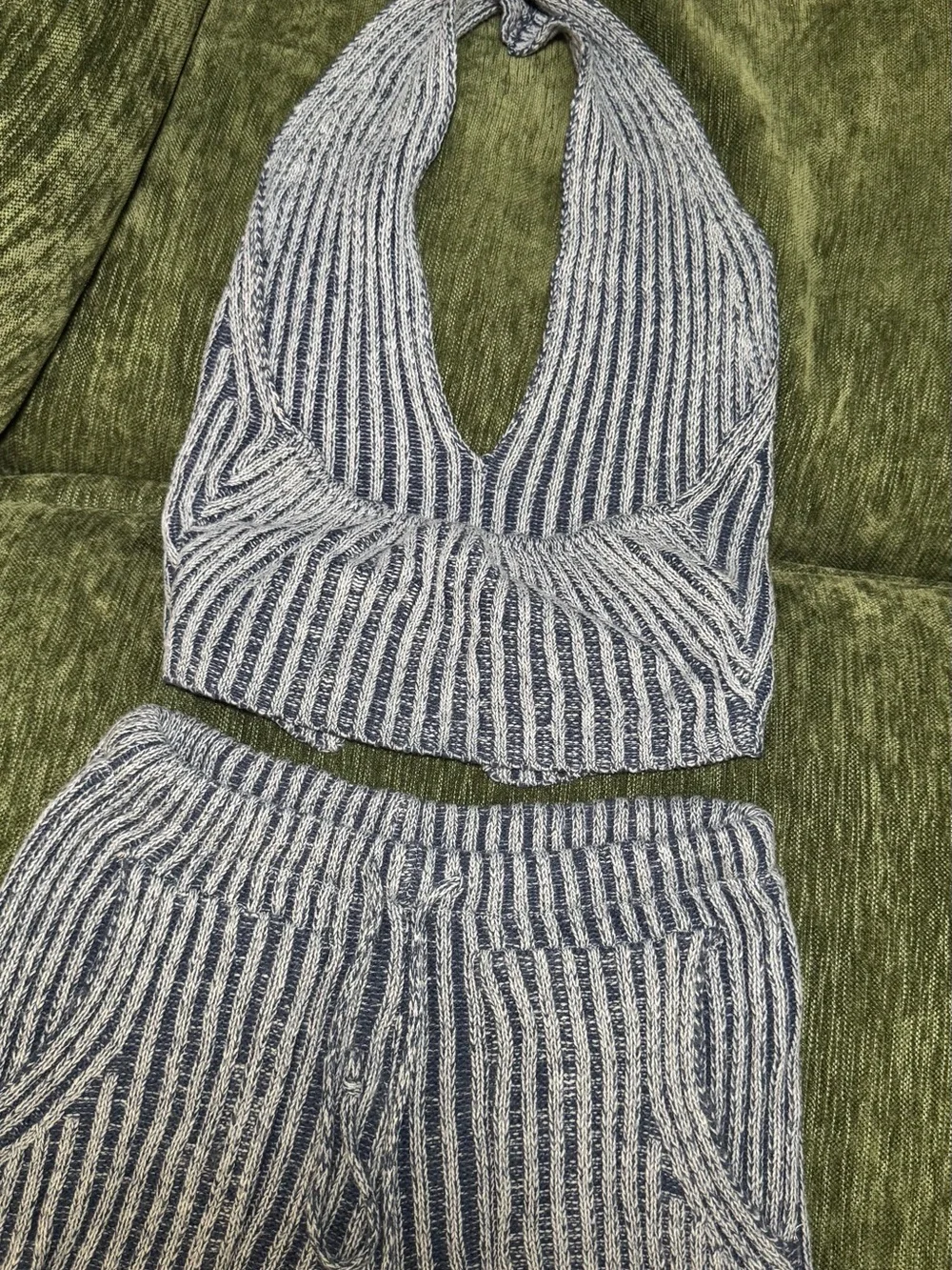 Striped Knit Halter Lounge Set in Navy and Cream